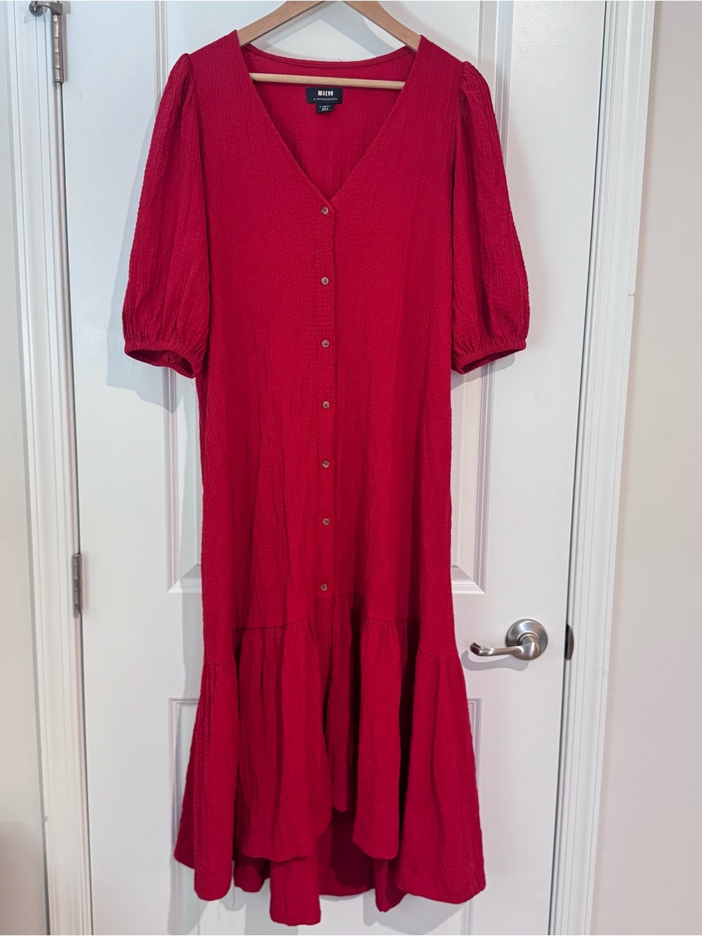 Maeve Anthropologie Scarletta Red Crinkle Gauze Button Boho Midi Dress Sz XS